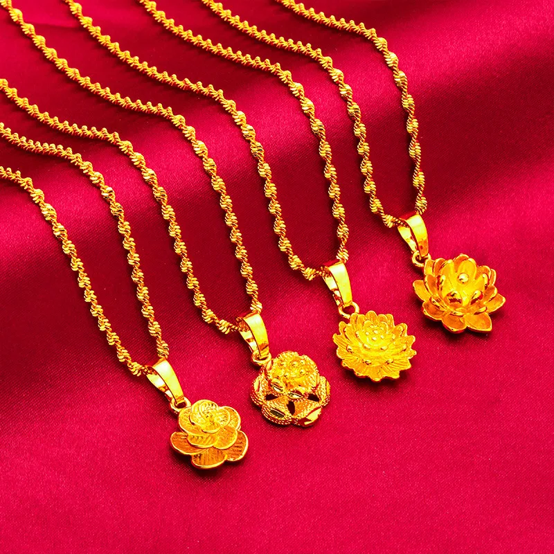 

24K Gold Lotus Ripple Women's Necklace, AU999 Pure - 3D Lotus Style, Ripple Texture + Light Refraction, Neck Luxury Accent