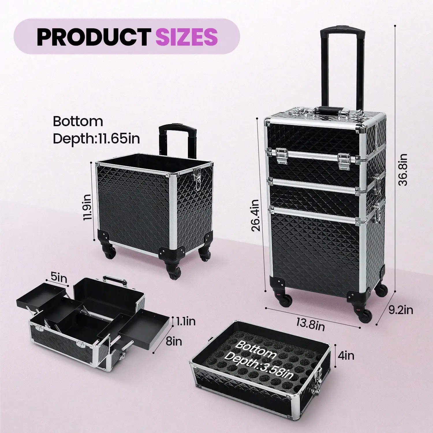 3 In 1 Rolling Makeup Train Case, Vintage Black Professional Cosmetic Trolley with Large Storage, Lock & Swivel Wheels, Portable Salon Cart for Makeup Artists, Hairstylists & Nail Tech, Travel & Vanity Essential for Women view 5