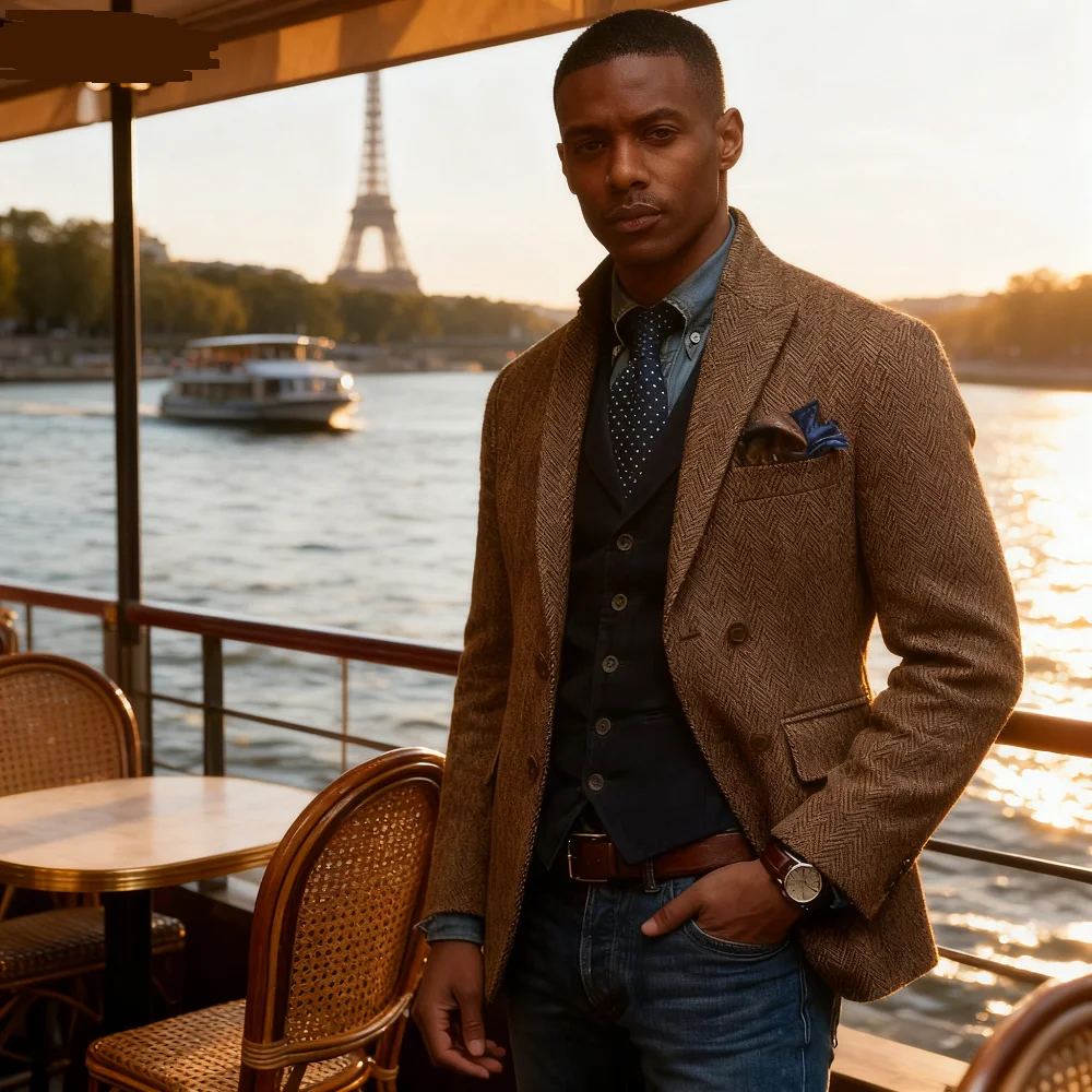 

Men's Brown 1-Piece Blazer Winter Warm Woolen Business Office Notch Lapel Fish Spine Jacket Fishbone Tern Winter Notch L