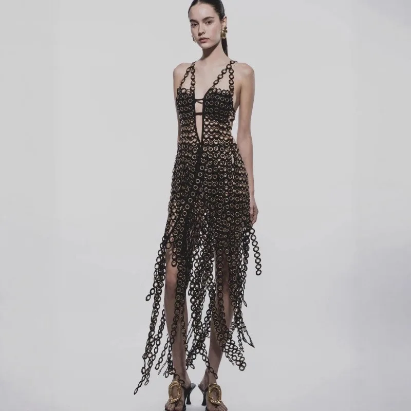 

Women's Crochet Macrame Fringe Maxi Dress Halter Neck Hollow Out See-Through Tassel Gown for Music Festival Rave Party