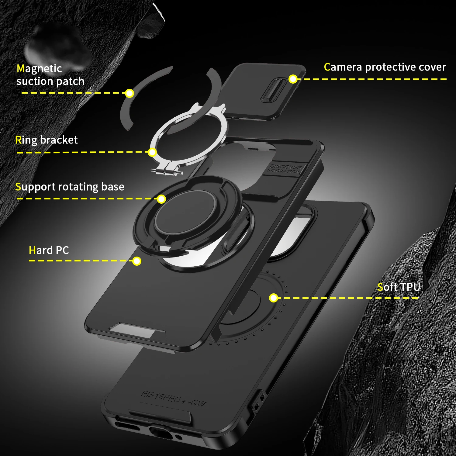 Magnetyczne etui z pierścieniem i podstawką do Realme 16 Pro Plus, z przesuwaną osłoną na obiektyw aparatu, ramka TPU, plastikowa, odporna na wstrząsy obudowa, fundas. — zdjęcie produktu 4