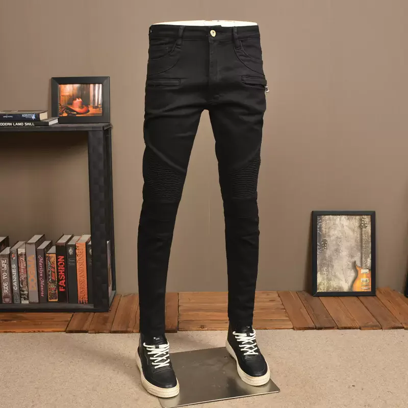 Calça lápis jeans jeans elástica hip-hop masculina, com ajuste fino e elástico, jeans de motoqueiro emendado, preta, moda rua