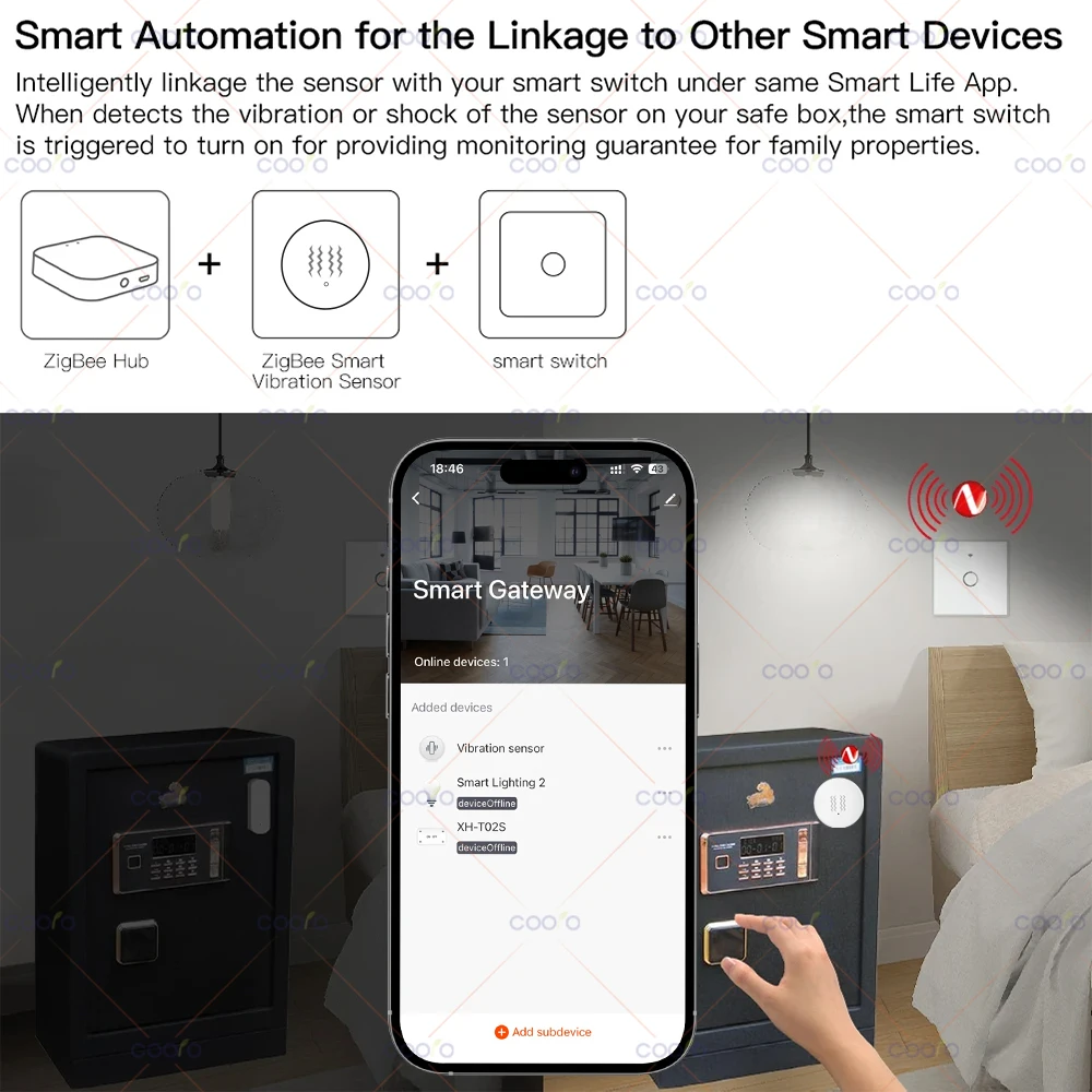 Zigbee-インテリジェント振動センサー,xyz軸センサー,Smartlifeアプリケーション通知,リアルタイムモーション,ショックアラーム記録