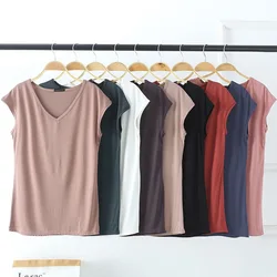 Novedad de verano, pijamas para mujer, tops de color sólido, modal, cuello en V, sin mangas, camiseta holgada simple, parte inferior informal, servicio doméstico de talla grande