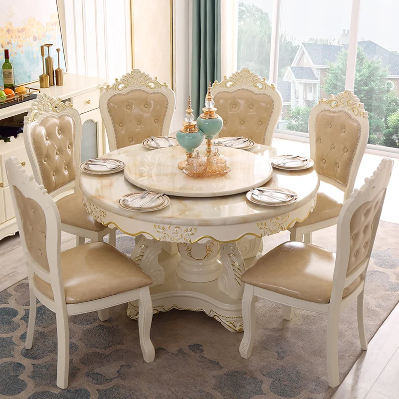 Customizable European dining table and chair combination marble round table with turntable