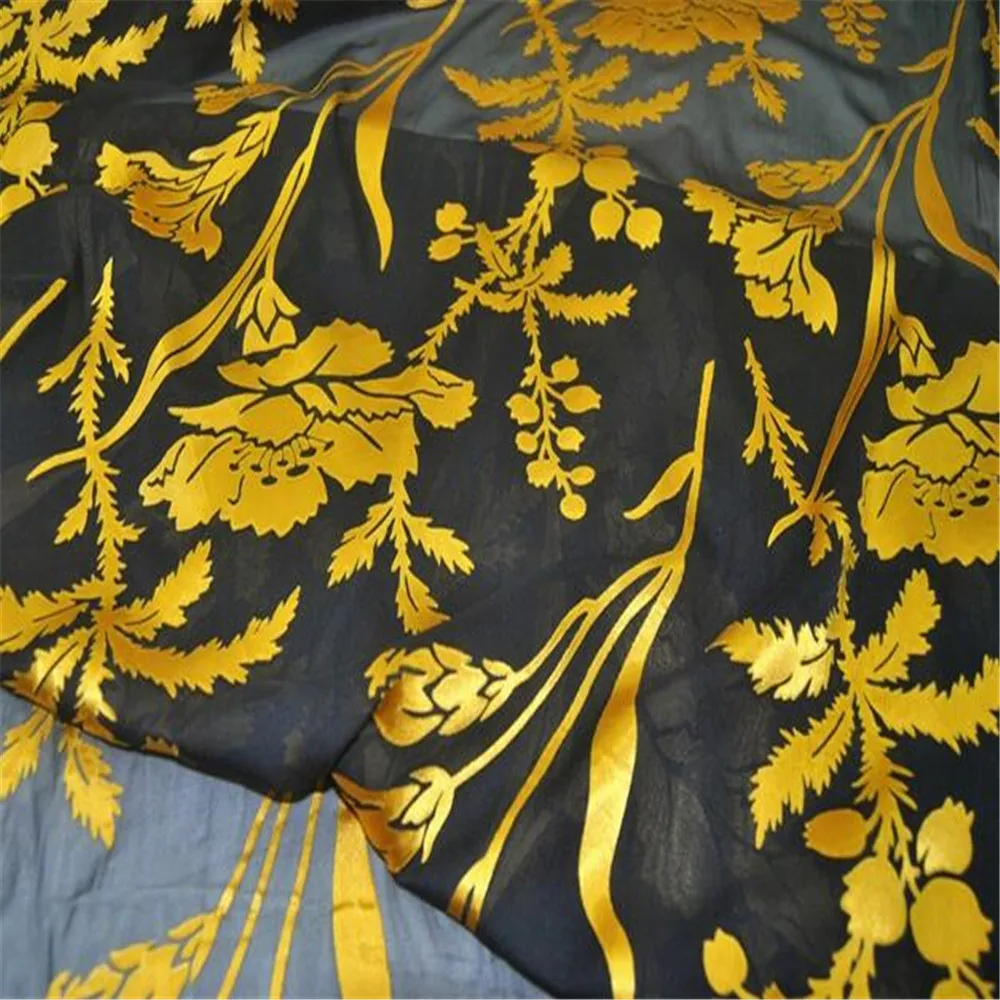 

Charming Gold Flower Elegant Silk Burn Out Fabric Opal Soft for Lady Fashion Grace Clothing