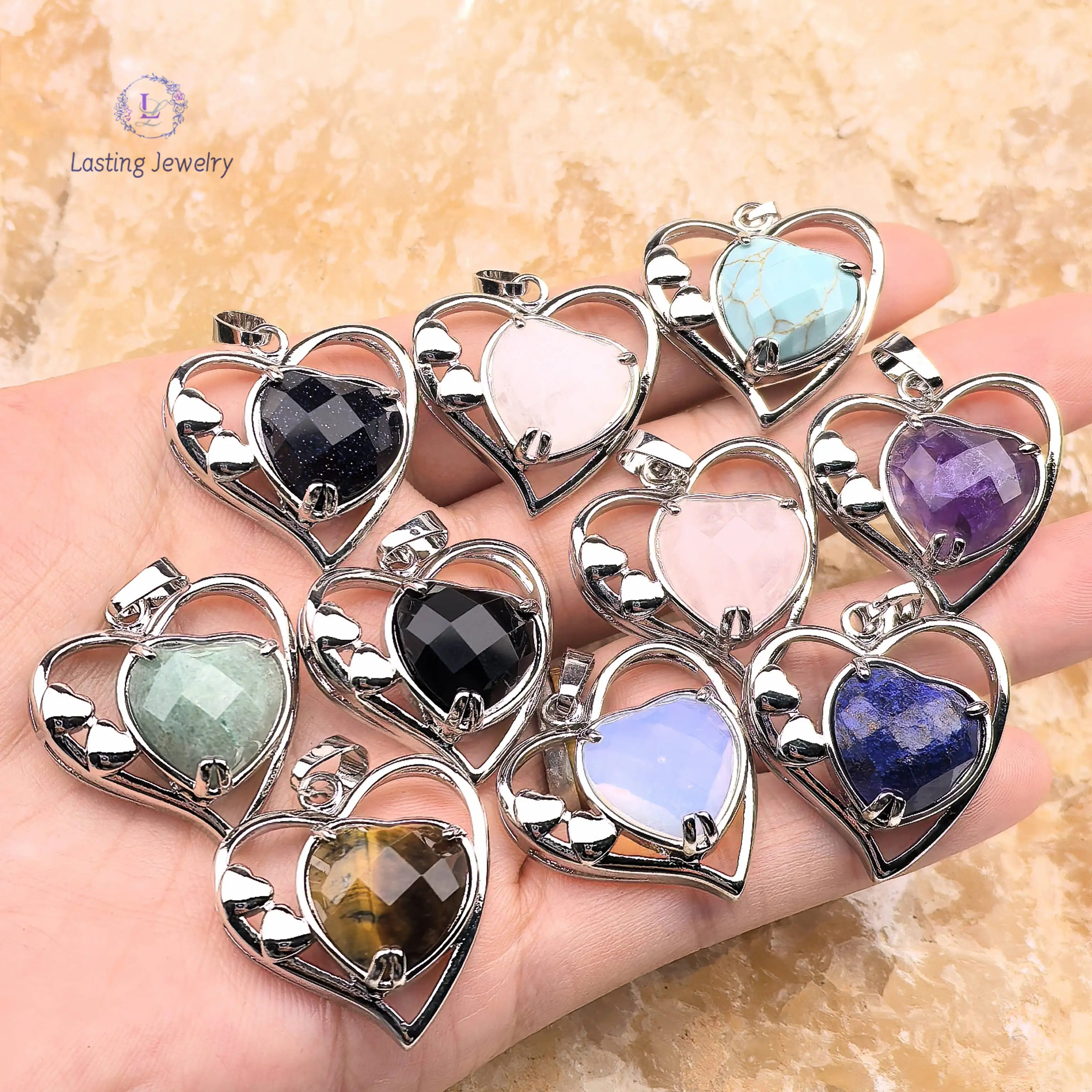 

Silver Plated Hollow-out Heart Gemstone Pendants Reiki Crystal Quartz Amethyst Obsidian Opal Charms For Necklace Jewelry Making
