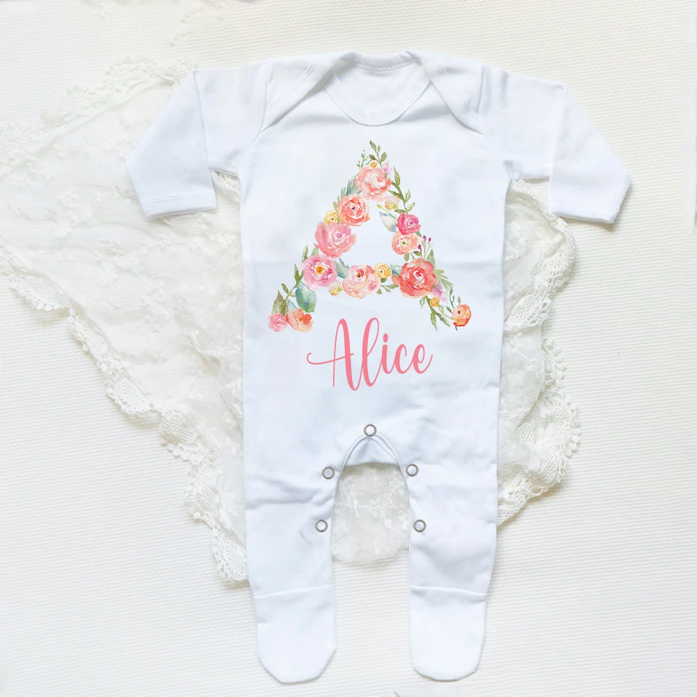 Personalised Flower Letter Babygrow Sleepsuit Custom Name Infant Sleepsuit Baby Coming Home Outfit Newbron Shower Romper Clothes