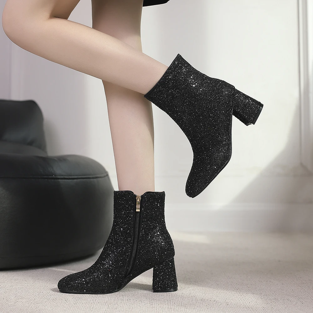 Fashion Women Ankle Boots New Spring Shiny Glitter Booties Clear Glitter Bling Shiny Trend High Heels Luxury Designer Shoes Hot