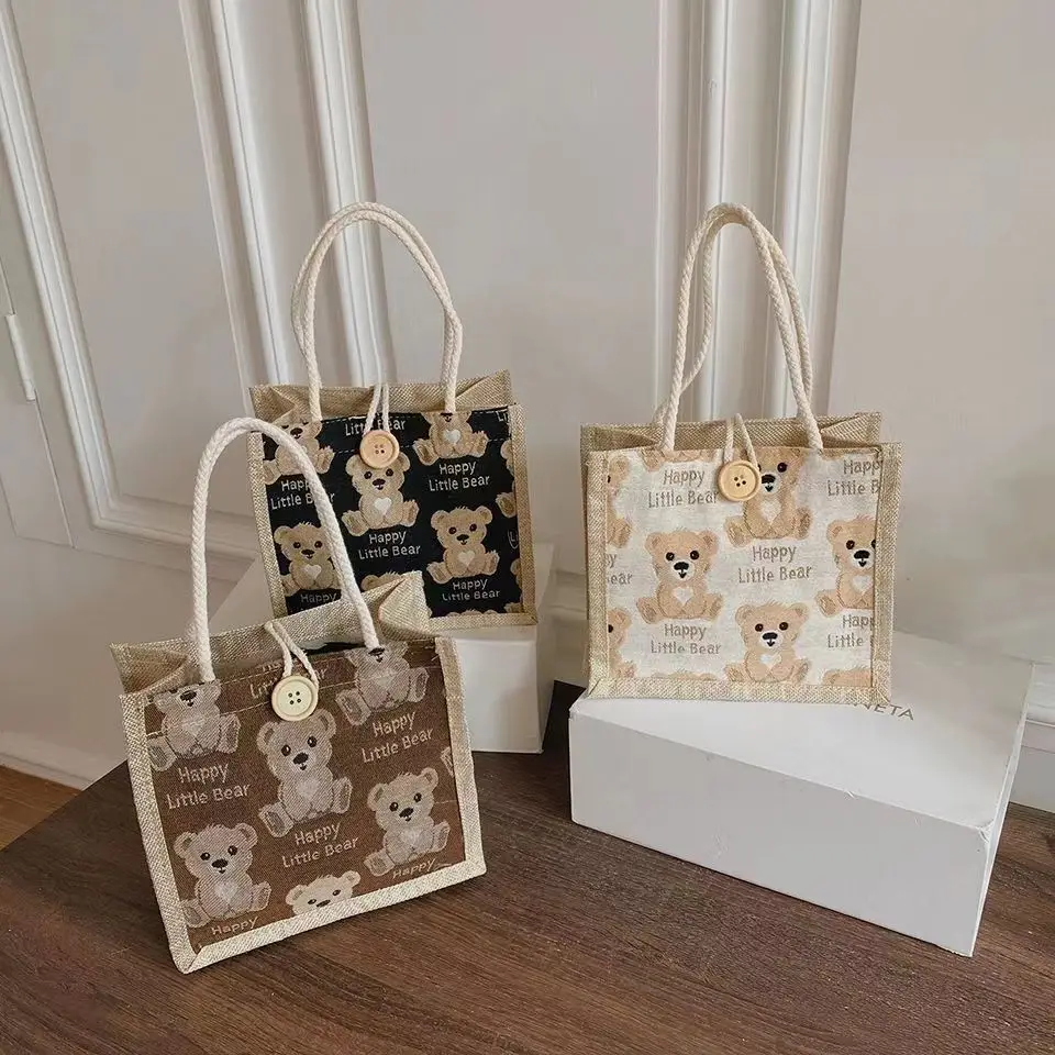 Linen handbag. Cute bear pattern printing, Japanese and Korean style, lunch box and lunch bag for office workers