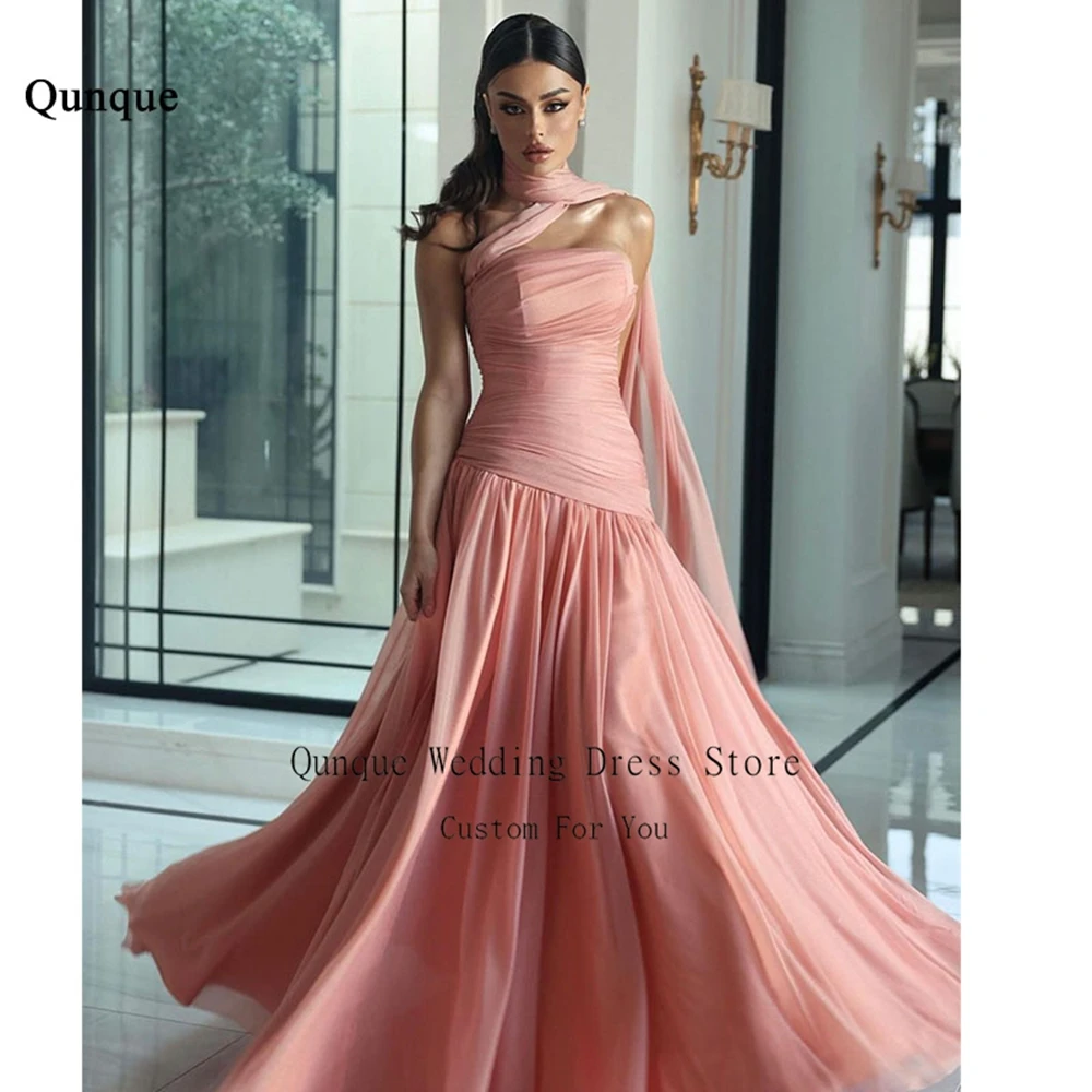 

Qunque Elegant A-Line Chiffon Prom Dresses Strapless Pleat Ruched Formal Evening Dress Cape Vestidos De Fiestas Elegantes Mujer