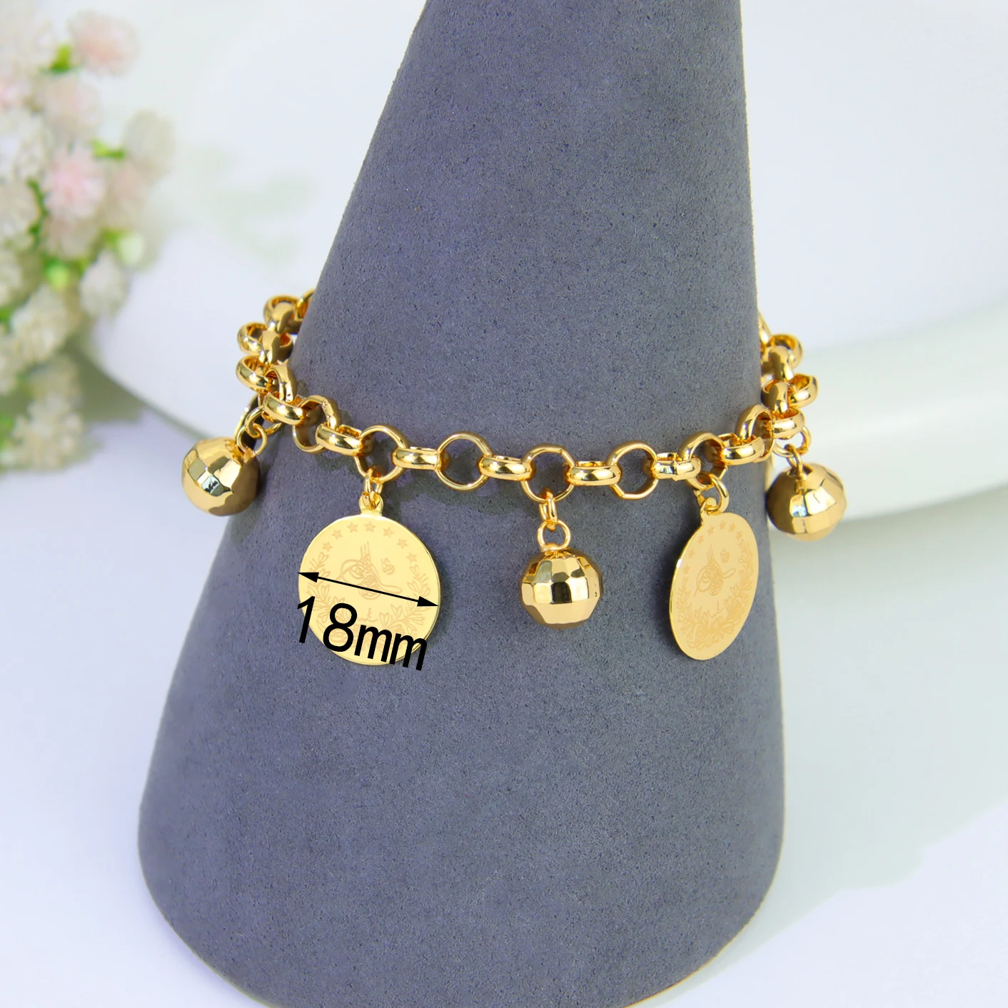 Klassisches arabisches Goldmünzen-Anhänger-Armband, 21 Karat vergoldet, Algerien, Brautmode, Handketten, Dubai, Damen, Hochzeit, Party-Schmuck – Detail 15