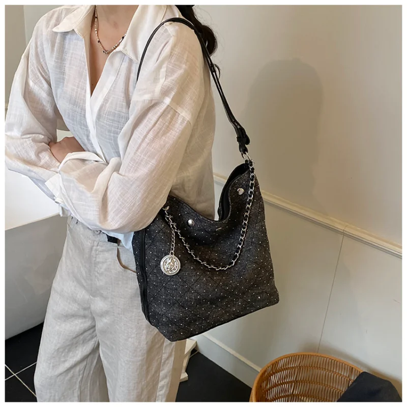 

2025 Summer Rhinestone Bucket Bag, Denim Quilted Crossbody Purse for Women, Boho Shoulder Bag Day to Night Essentials