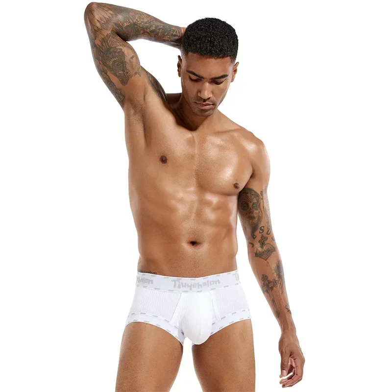 Men's Boxy Underwear Ribbed Cotton Breathable Comfortable Sweat Absorption Boxer Shorts Youth Mid-rise U Convex Pouch Underpants