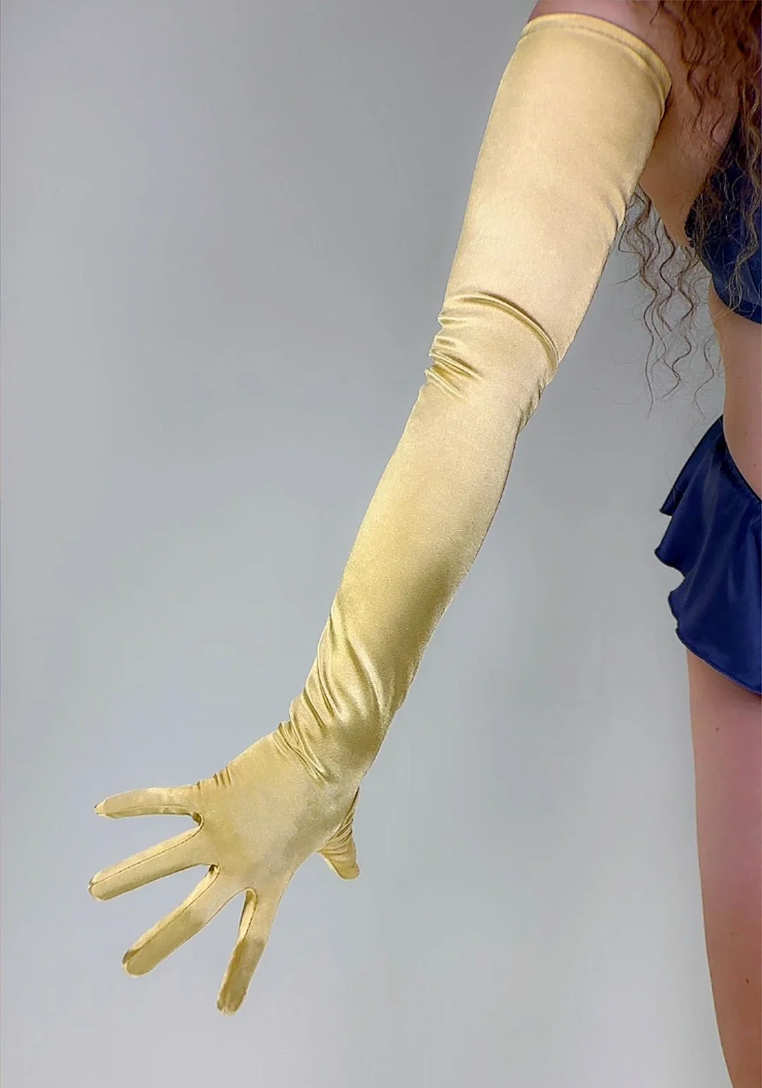 Bridal SATIN GLOVES in Golden 70cm Long Solid Silk Stretch Shiny Opera Cosplay Evening Party Fashion Costumes Wedding Glove