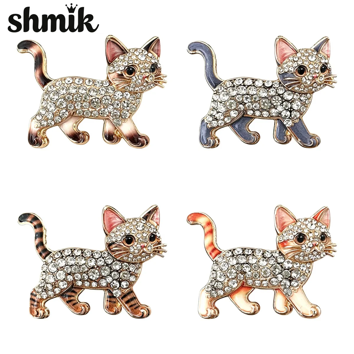 Cat Brooch Enamel Rhinestone Walking Kitten Lapel Pin Cute Animal Brooch for Women Clothes Hat Jewelry Gift