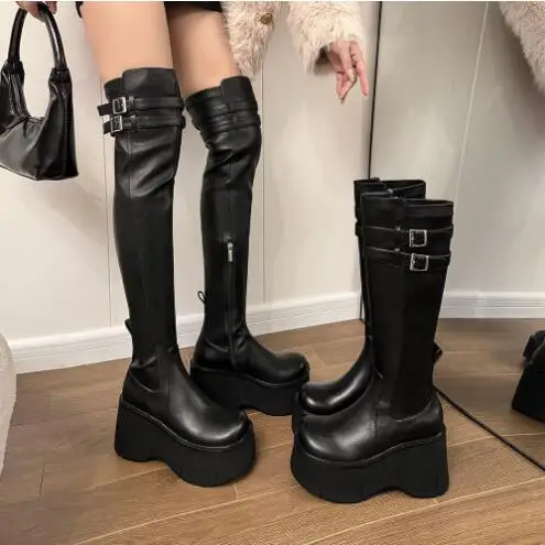 Fashion Girls Black Genuine Leather Double Belt Buckle 9 CM Wedges Slim Over The Knee Boots Woman Round Toe Platform Long Botas