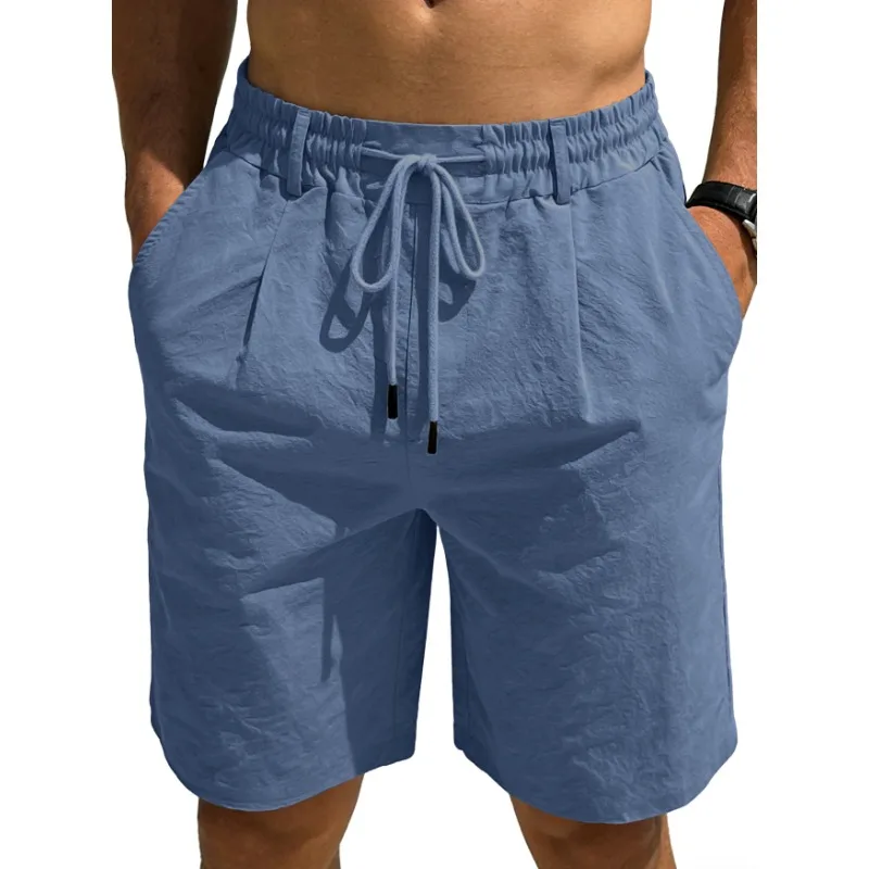 Mens Linen Blend Drawstring Waist Casual Shorts Loose Fit Solid Color 5 Inch Inseam Beach Shorts
