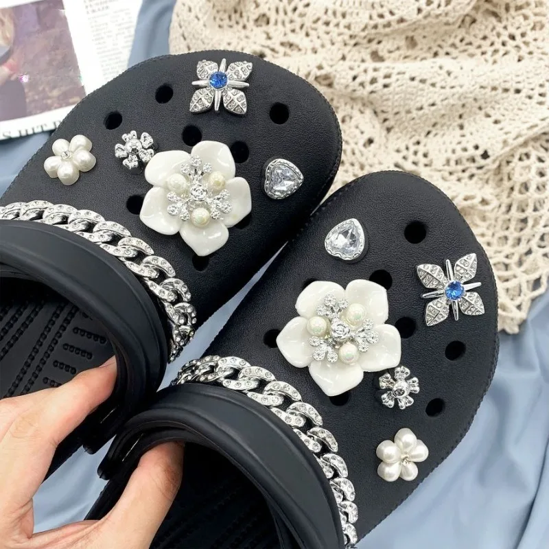 

12PCS Fashion Shoe Charms Set Accessories Hole Shoe Buckle White Flower Diamond Chain DIY Shoes Decorations Kid Woman Girls Gift