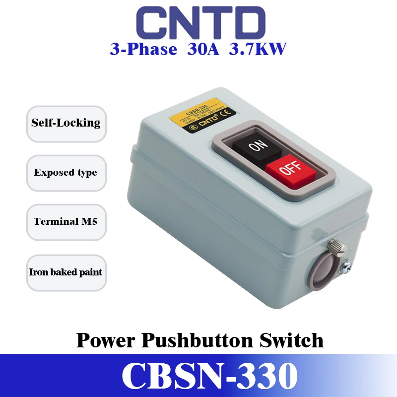 CNTD CBSN‑330 Power Pushbutton Switch 30A 3.7KW 3‑Phase Surface‑Mount Latching ON‑OFF Control Switch for Industrial Motor