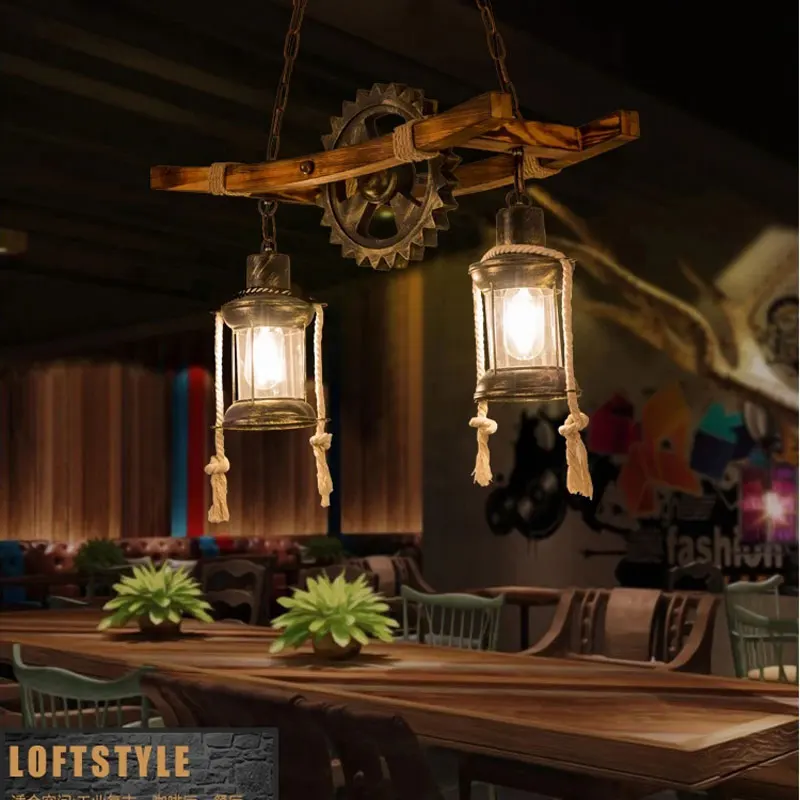 American Light Design Vintage Chandelier Retro Cafe Bar Restaurant Wooden Loft Pendant Lamp Gear Industrial Hanging Glass Light