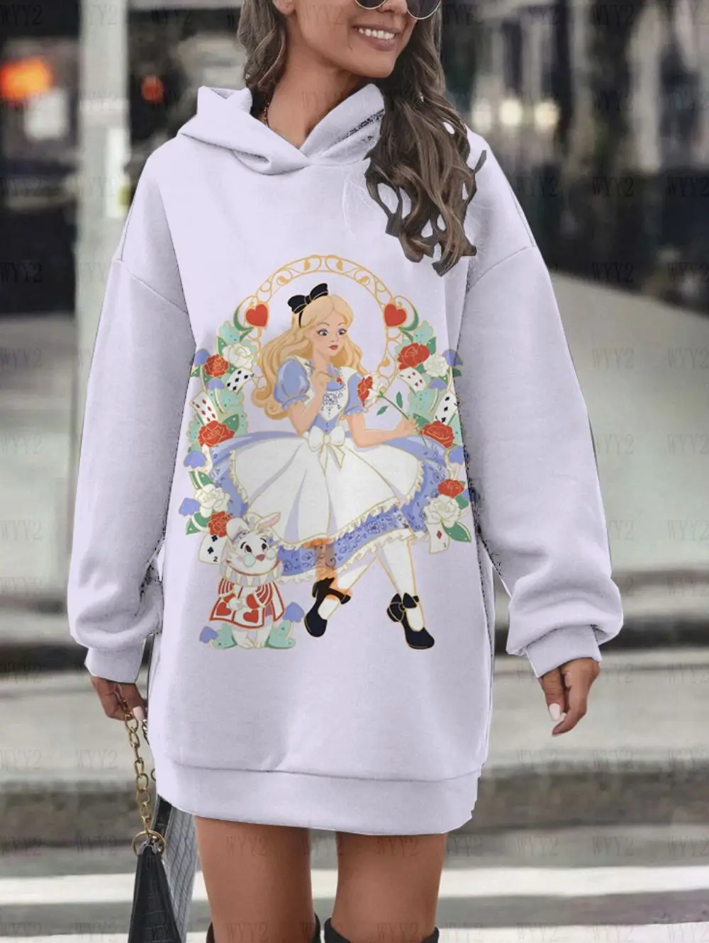 Fashionable Women's Autumn and Winter Hoodie Alice in Wonderland Print Girls Street Casual Wear Loose Simple Hoodie Dress