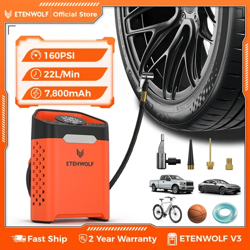 ETENWOLF ZEPHYR V3 compresor de coche portátil 160 PSI 100% Inflador de neumáticos de coche de ciclo de trabajo 7800mAh para coches motocicletas bicicletas bolas