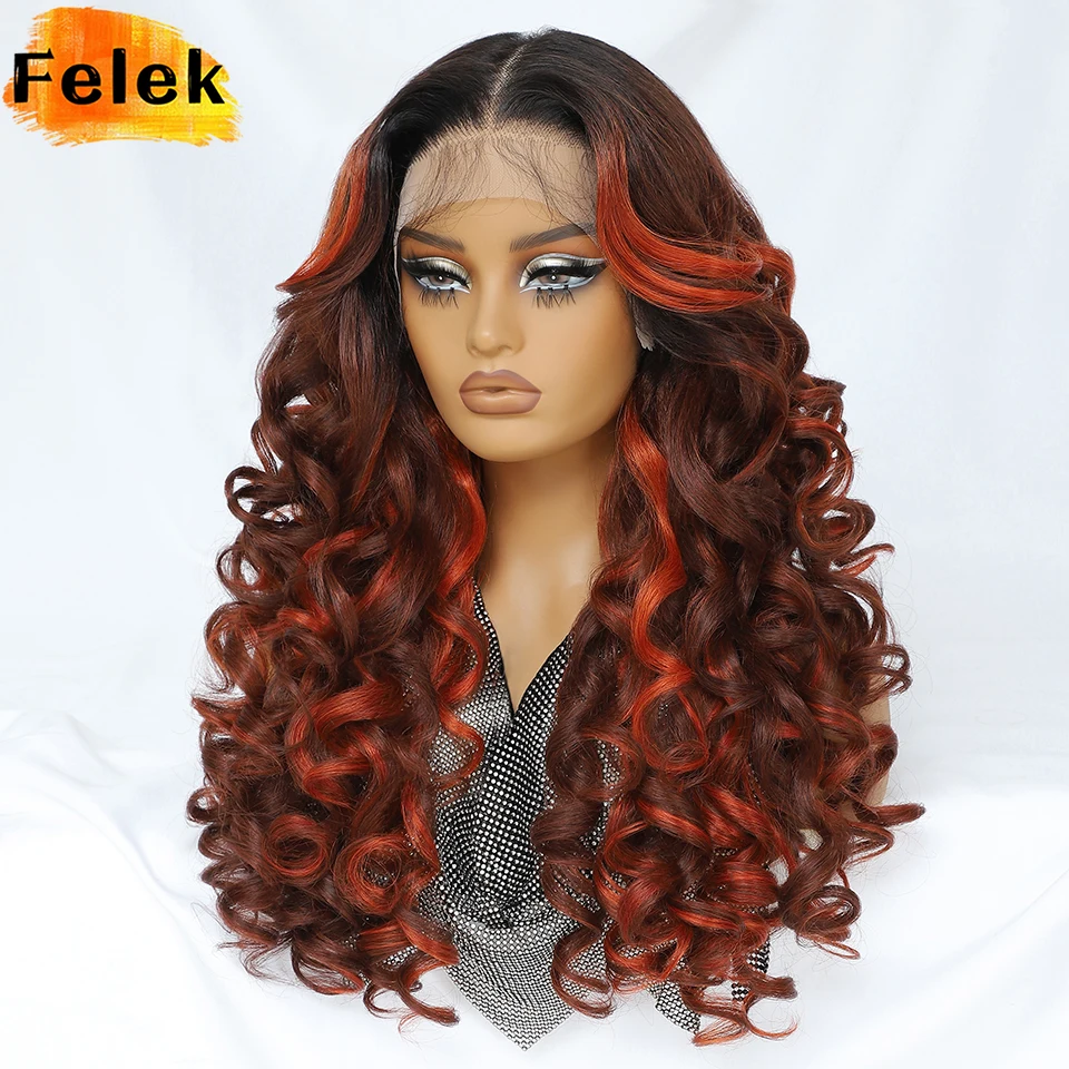 

Ombre Brown 13x6 Lace Frontal Wigs 24 Inch Synthetic Loose Wave Lace Wigs For Black Women 350 Blonde Easy Wear HD Lace Curly Wig