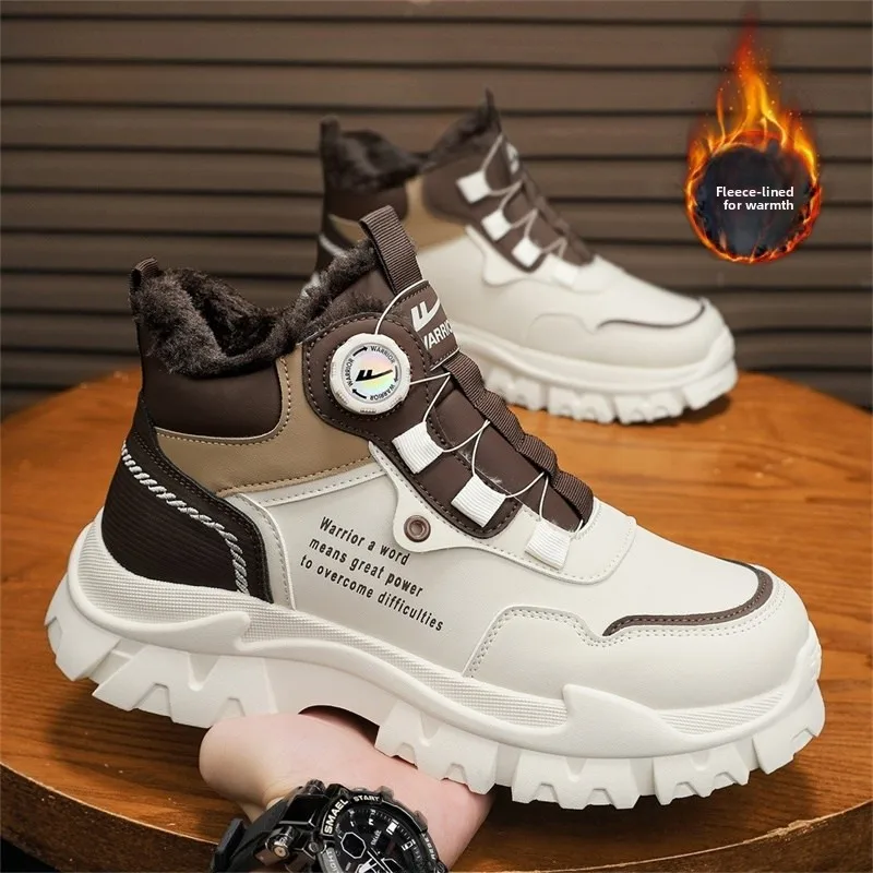 Warm Fleece Lined High Top  Boots Men's Winter Outdoor Anti-Slip Cotton Snow Boots Casual round Toe Thick Bottom
