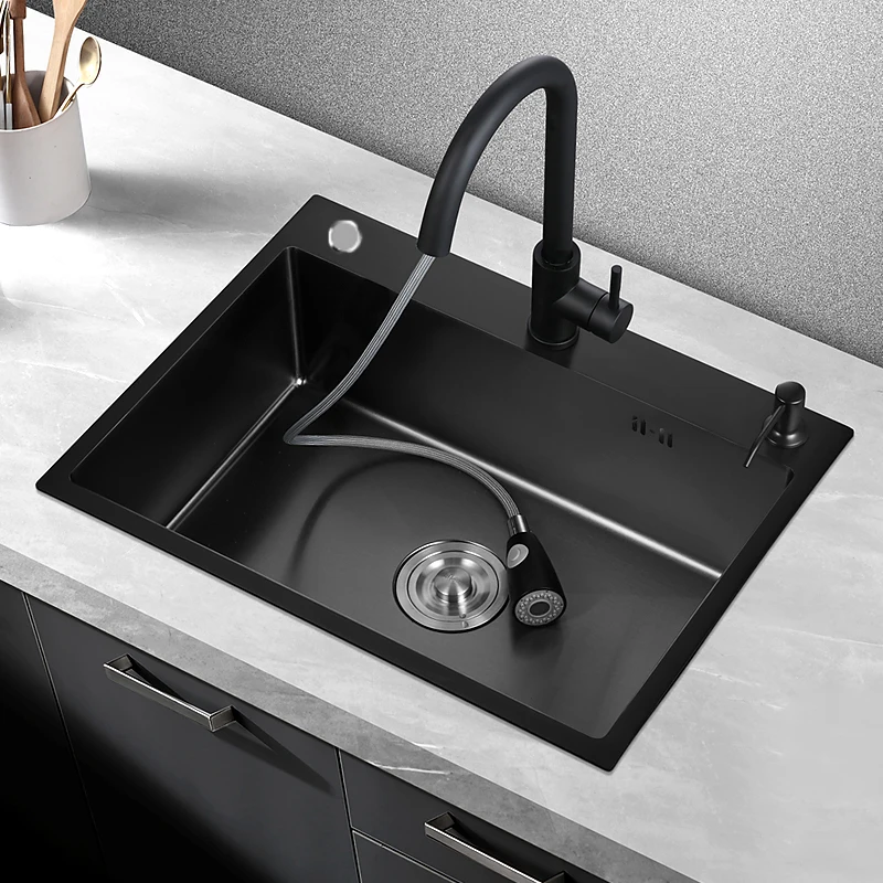 Imagem -02 - Pia da Cozinha Topmount Única Tigela Darkgray Lavatório para Casa Fixação com Torneira da Cozinha Drenagem Acessórios Aço Inoxidável 304 de