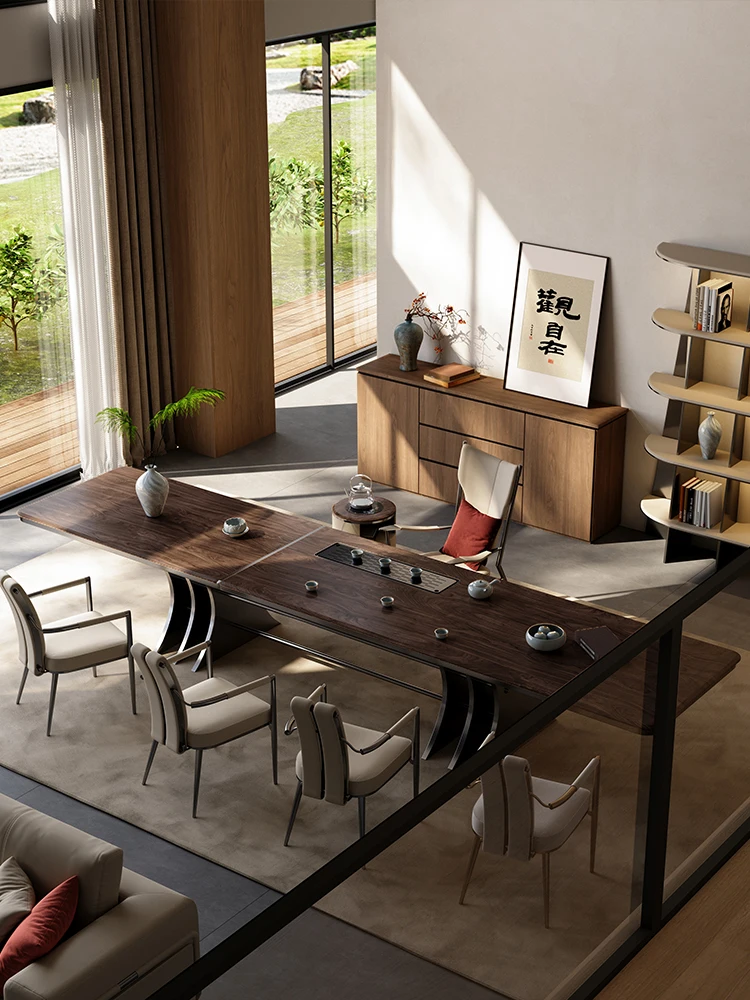 Light luxury, walnut tea table and chair combination, luxury high-end villa Kung Fu tea table, solid wood large board tea table