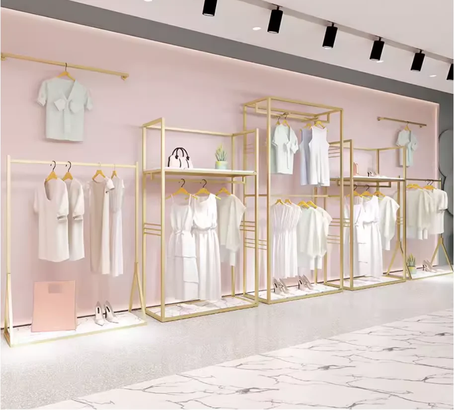 

IronworkClothing Store Display Rack Floor-to-ceiling Women's Clothing Nano-gold Display Shelf Double-layer High Cabinet Clothes