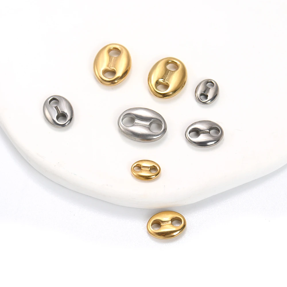 5Pcs Stainless Steel Coffee Bean Charm Double Hole Oval Flat Pig Nose Bead Connector for DIY Link Chain Bracelets Jewelry Making