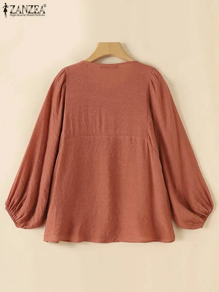 2024 ZANZEA Women Summer Blouse Long Puff Sleeve Solid Color Shirts Autumn O Neck Tunic Tops Casual Loose Pleated Chic Oversized