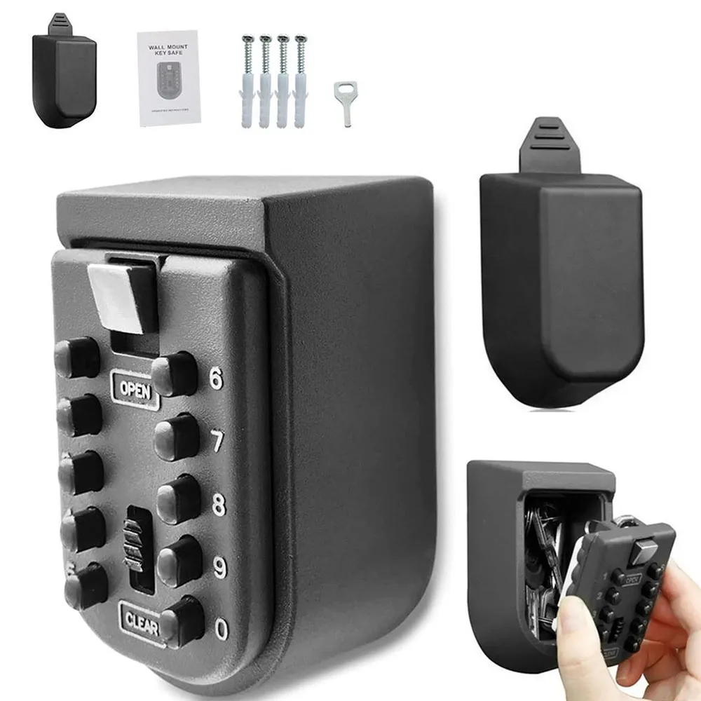 

Key Lock Box for Outside Wall Mount Waterproof Spare Key Storage Box 10-digits Combination Lockbox Push Button Key Keeper Box