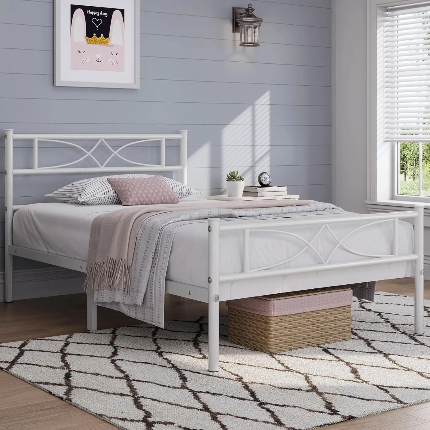 

Metal Twin Size Bed Frame, Platform Bed Frame, Mattress Foundation with Curved Design Headboard & Footboard, Box Spring Nee