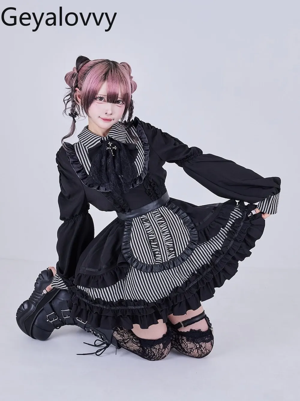 

Lolita Maid Style Long Sleeve High Waist Short Dress Sweet Cute Girl Black Striped Ruffled Pleated Gothic Slimming Dresses
