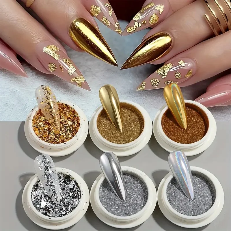 Gold Silber Metall Chrom Spiegel Nagelpulver, Laser-Glitzerfolie mit unregelmäßigen Stücken, mehrfarbiger magischer Spiegeleffekt, Oxid Ti