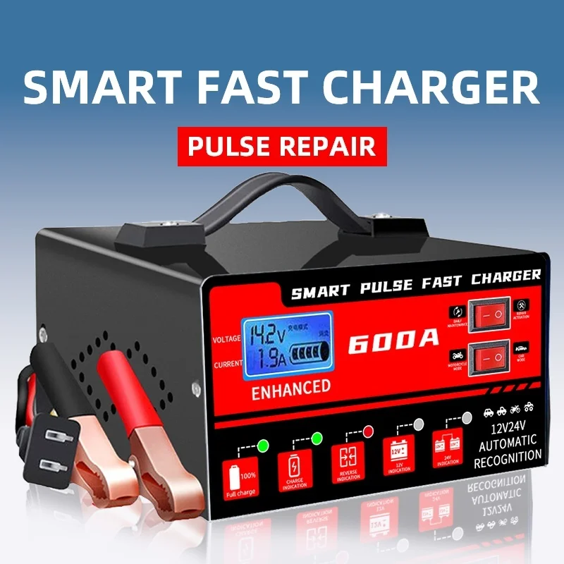 W06 12V/24V Car Battery Charger Intelligent Pulse Repair Digital LCD Display Fast Charger With Reverse Polarity Safe 50~60hz