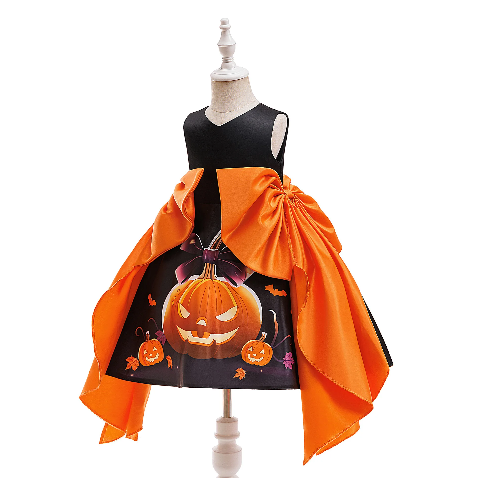 Girls Pumpkin Bat Print Mesh Tutu Princess Dress – Kids Halloween Witch Cosplay Costume for Carnival Photography