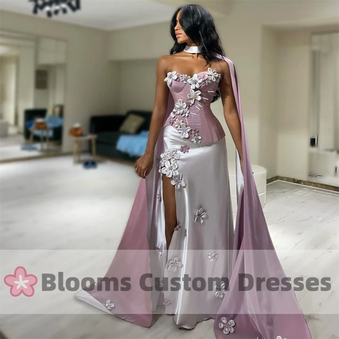 Customized Handmade Flowers Gorgeous Shawl Evening Dresses For Formal Occasion Satin Beaded Party Gown 2024 Luxury Prom Dress