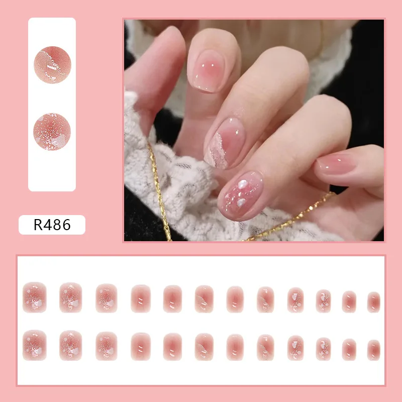 24 Pcs Self-adhesive Press on Nails Pink Sweet Nail Art Short Reusable Adhesive Fake Nails Cheap Stick-on Nails Wholesale 2025