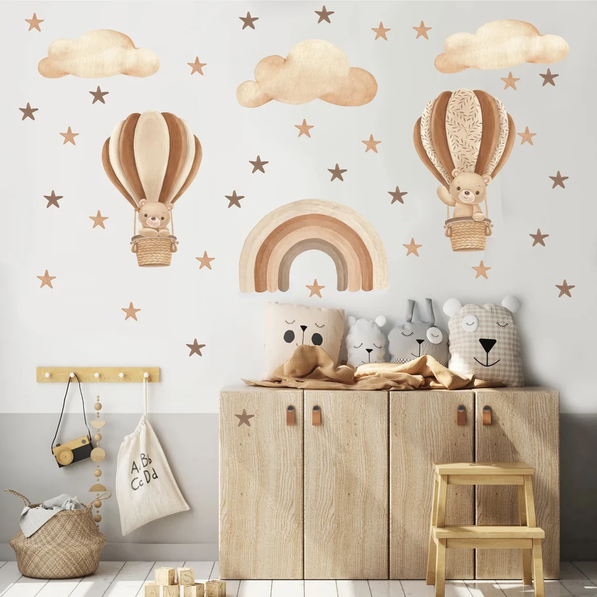 

Boho Bear Train Hot Air Balloon Stars Cloud Wall Sticker Nursery Child Room Wall Art Decal Kids Room Vinyl Bedroom Home Decor