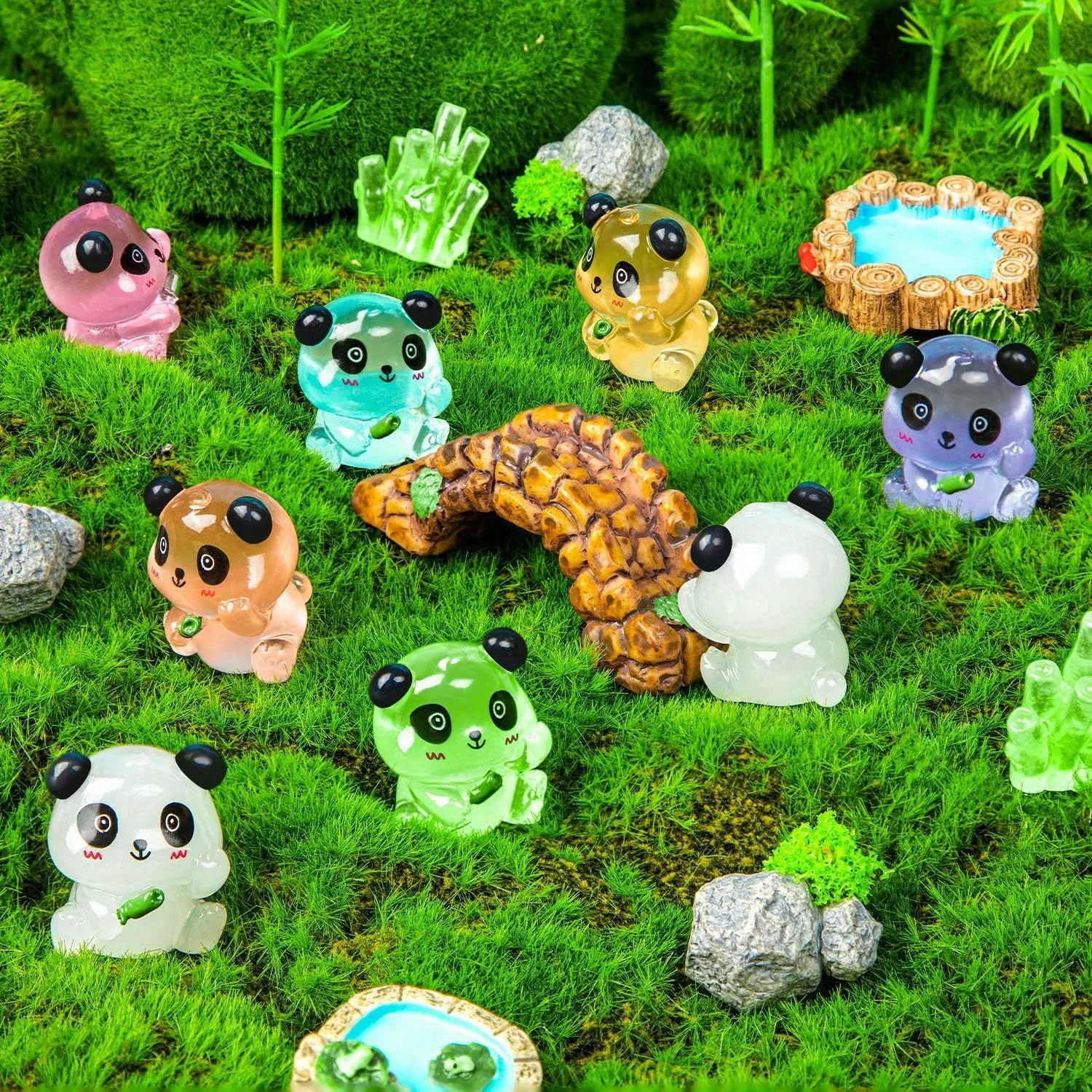 7 Miniature Glowing Resin Panda Statues - Miniature Glowing in the Dark, Miniature Pandas for Miniature Garden DIY Home Decor