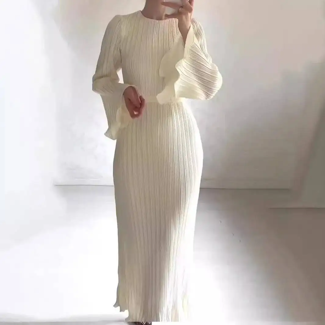 ربيع 2025 المرأة والخريف فستان طويل جديد أنيق مطوي مضيئة كم منتصف طول فستان رداء Vestido المرأة أنيقة