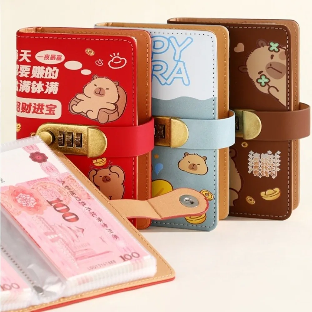 Cartoon Capybara Saving Money Binder with Password Lock PU Leather Budget Binder with Lock Savings Handbook A6 Account Book