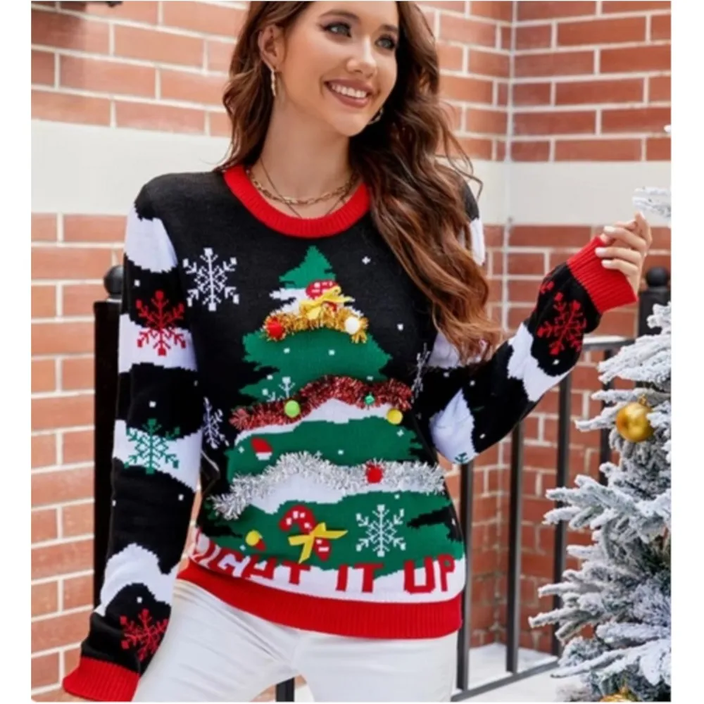 Christmas Knitted Sweater 2024 Sweater Women Letter Tree Embroidery Cartoon Pullover Jumper Fall Winter Casual Multi Styles