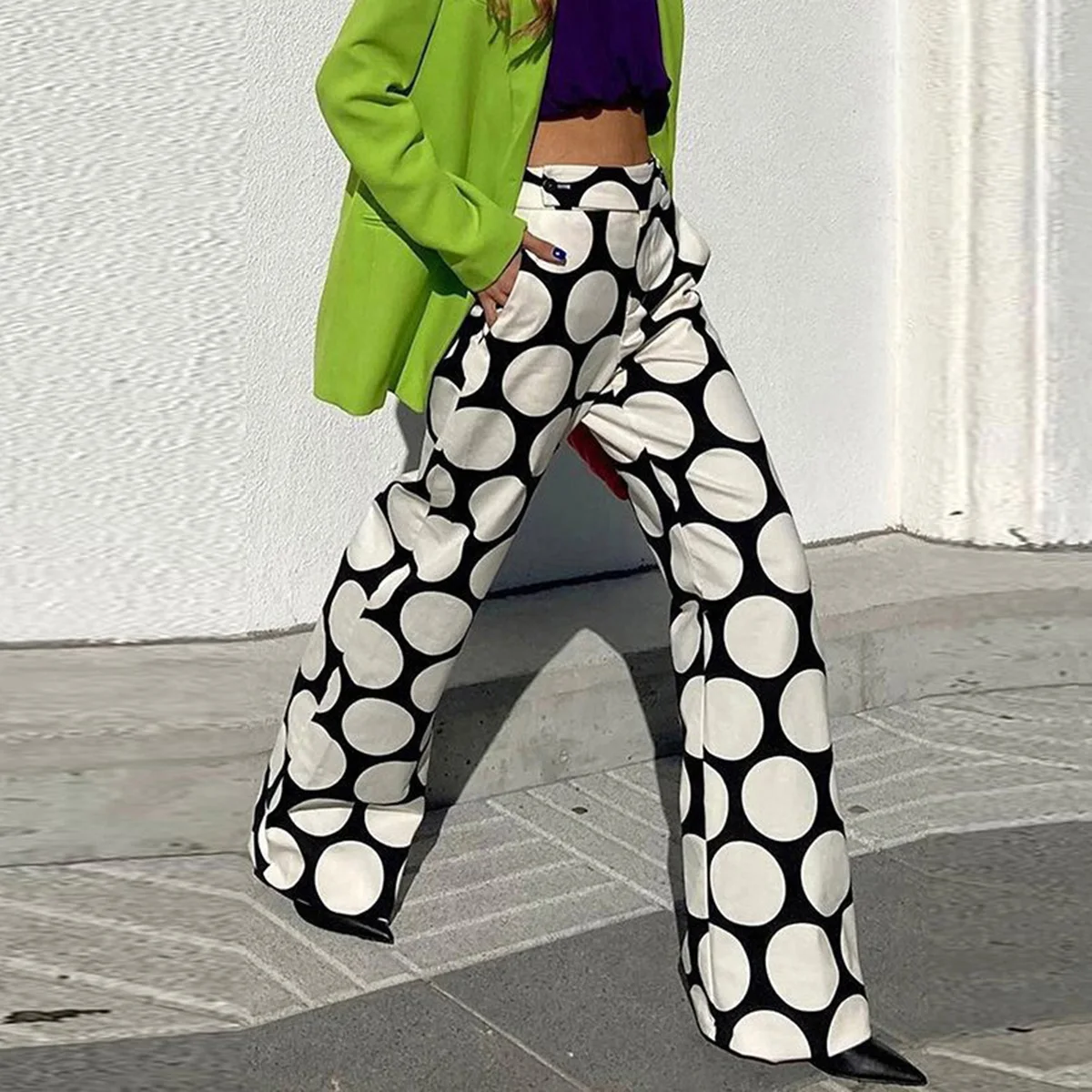 Krismile Fashion Original White Black Bottom Contrast Color Polka-Dot Printed Wide Leg Pants 2024 New Summer Casual Trousers