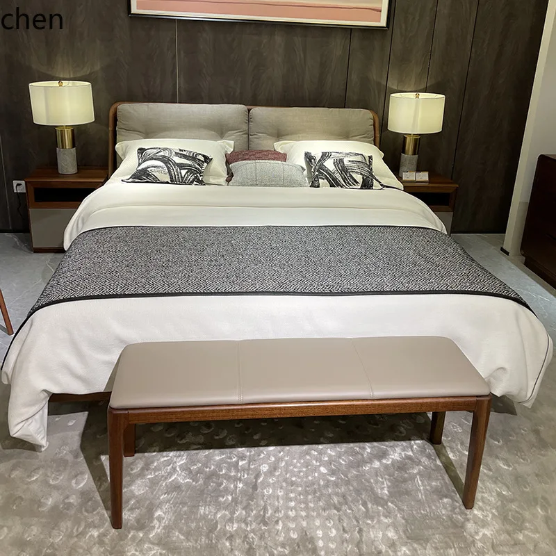 ZML Solid Wood Bed Double Bed Modern Minimalist Bedroom Soft Back  Wedding Bed