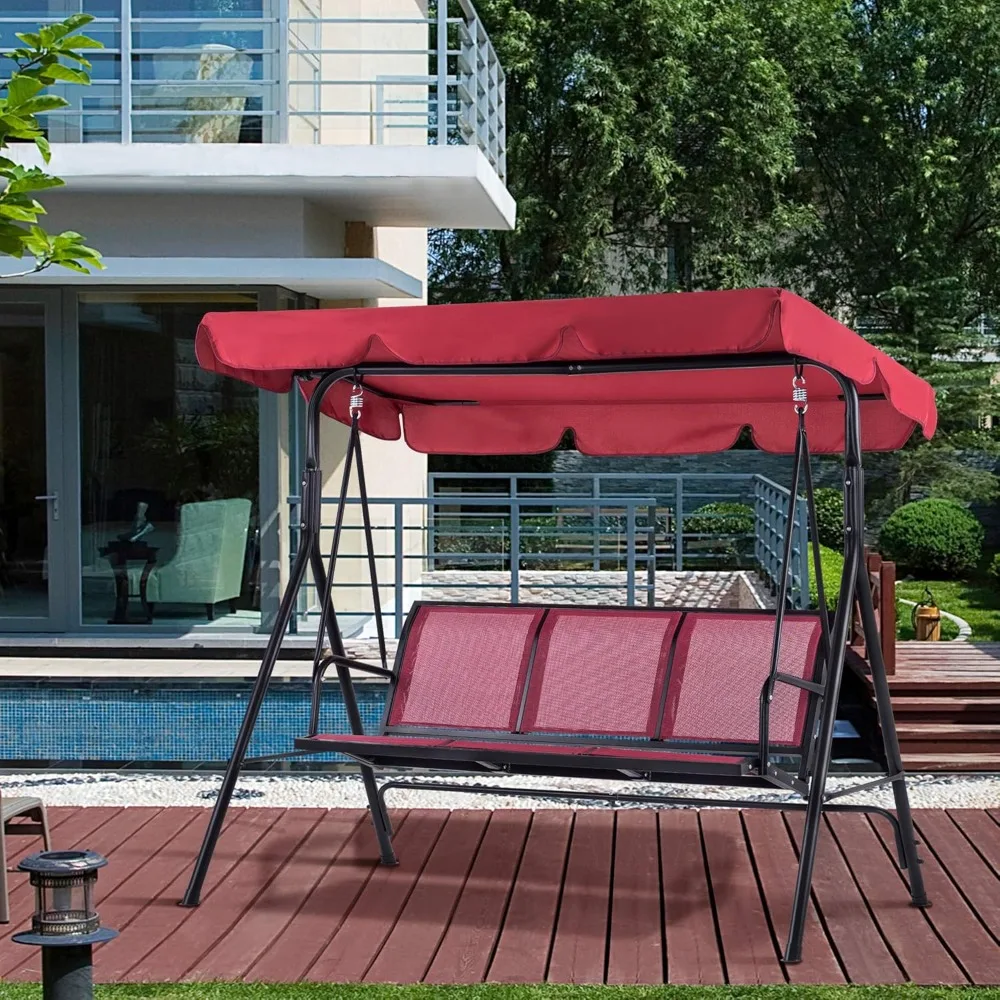Outdoor Patio Canopy Swing Chair 3-Person, Steel Frame Textilence Seats Swing Glider, 4507 (Burgundy)